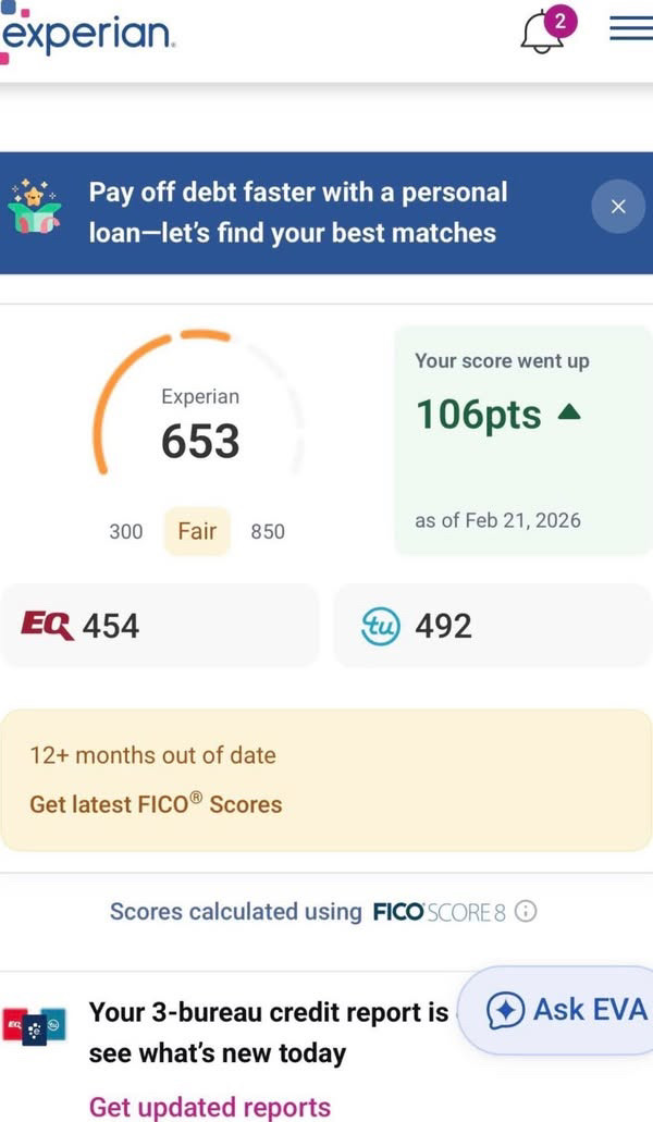Client Experian score 653 - up 106 points