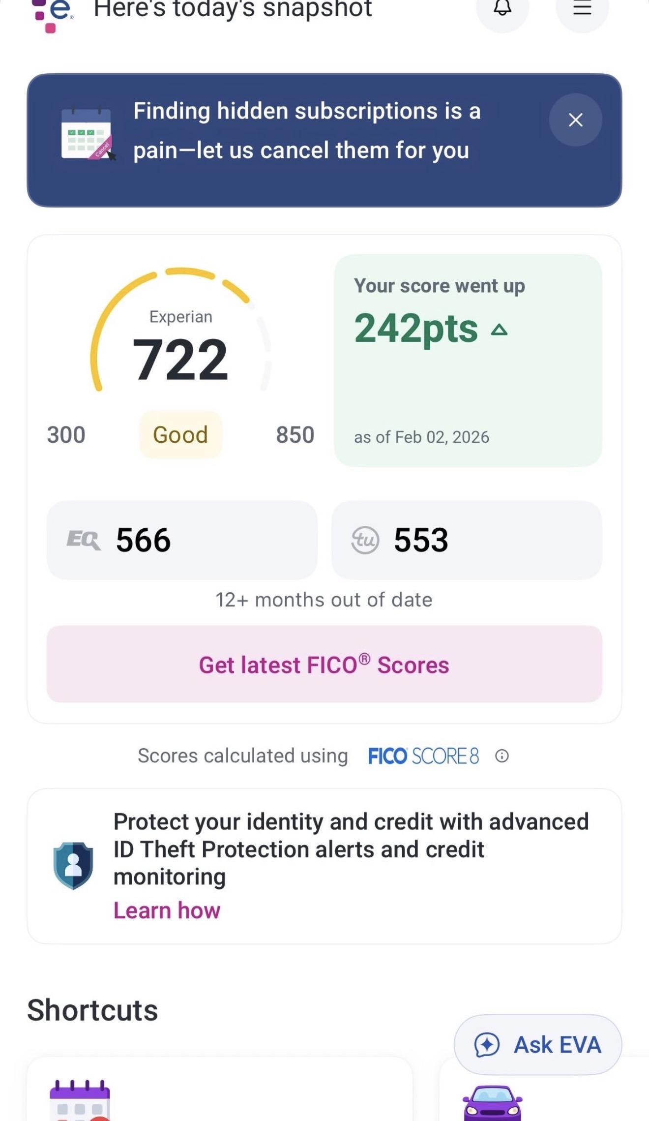 Client Experian score 722 - up 242 points
