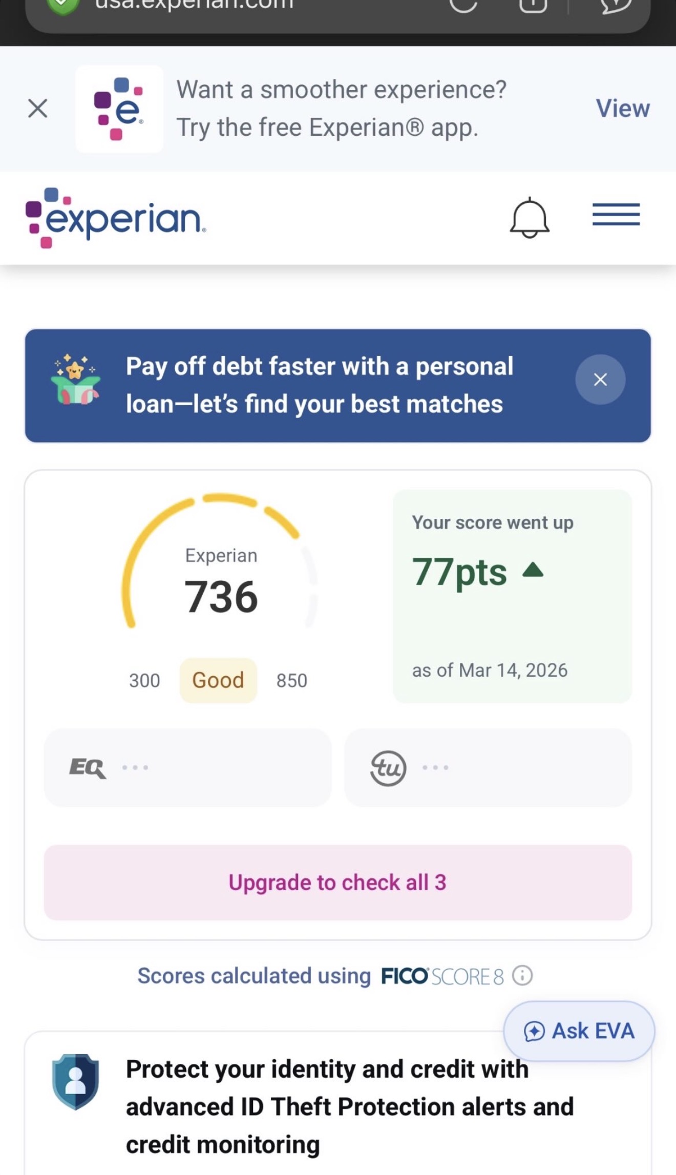 Client Experian score 736 - up 77 points