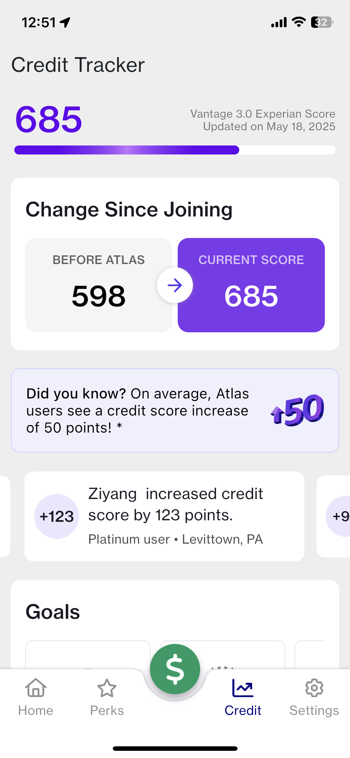 Client score from 598 to 685