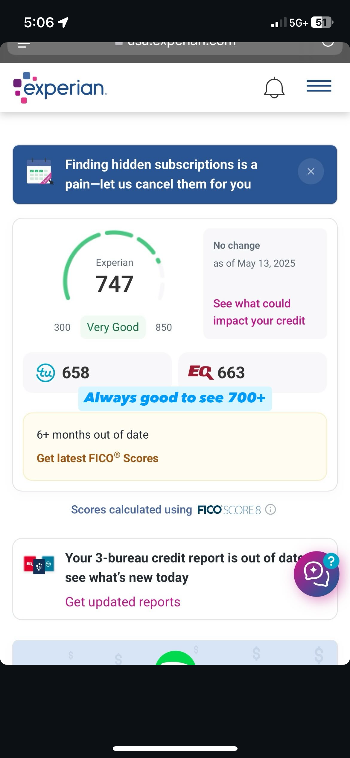 Client Experian score 747