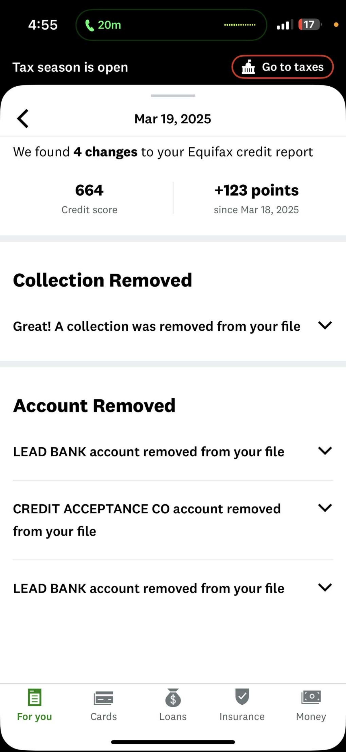 Equifax 664 up 123 points - collections removed