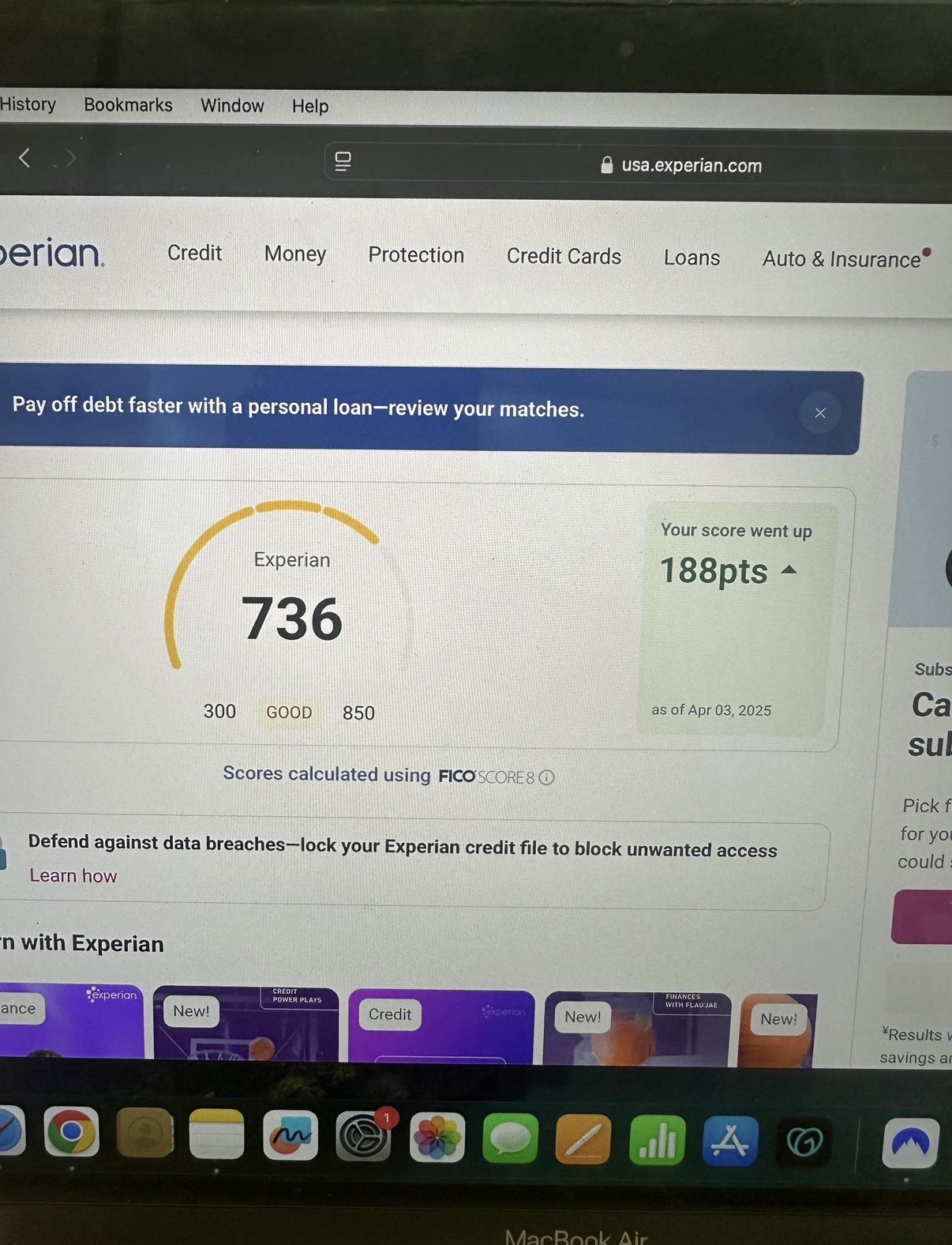 Client Experian score 736 - up 188 points