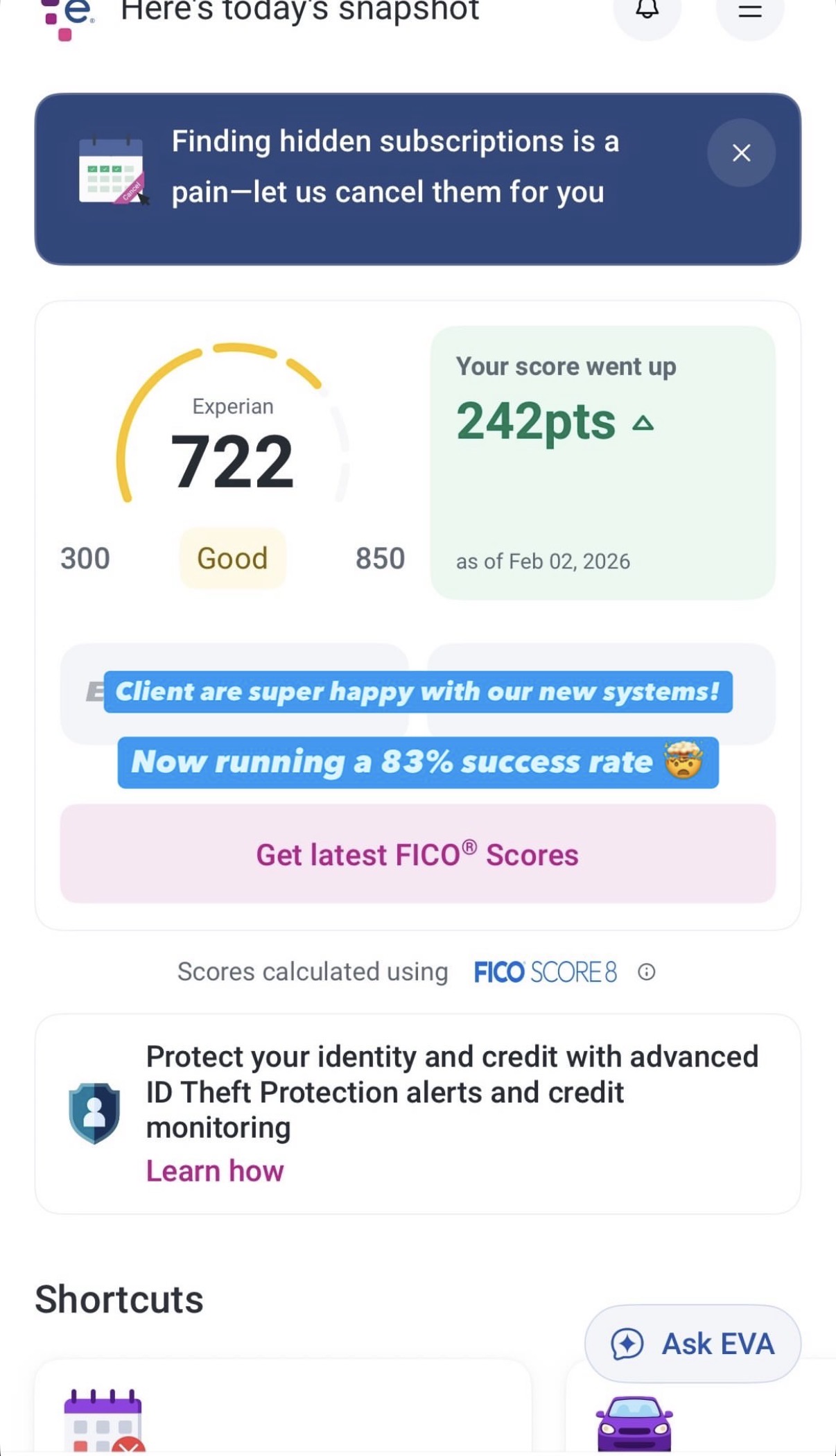 Client Experian 722 up 242 points - 83% success rate